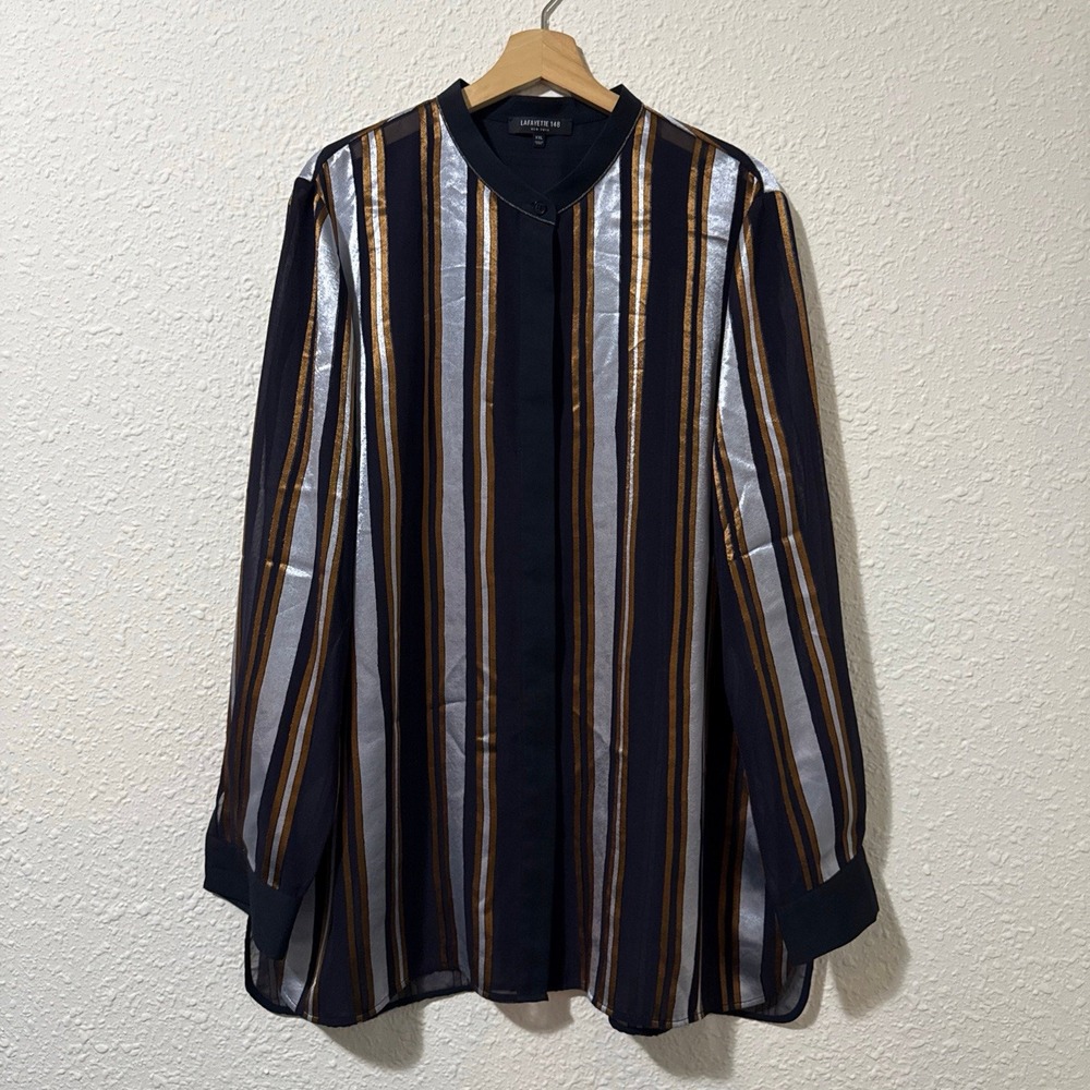 Lafayette 148 New York Button Up Striped metallic Semi Sheer Blouse Plus 2XL XXL